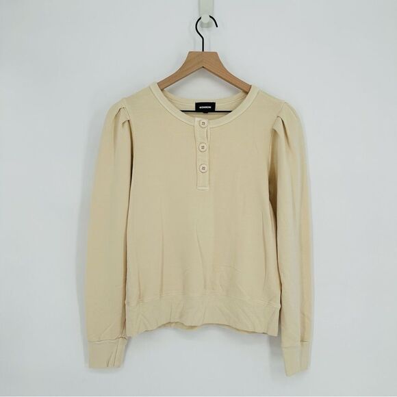 Monrow Tucked Sleeve Henley Pullover Shirt in Cream Women's Small - Picture 1 of 7